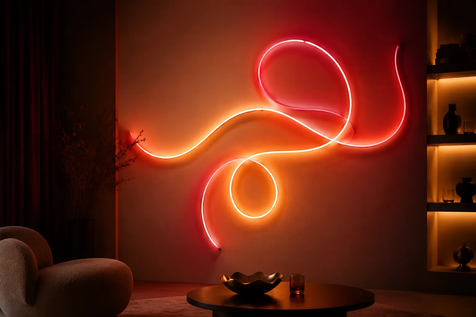 Custom LED neon sign glowing on an interior wall