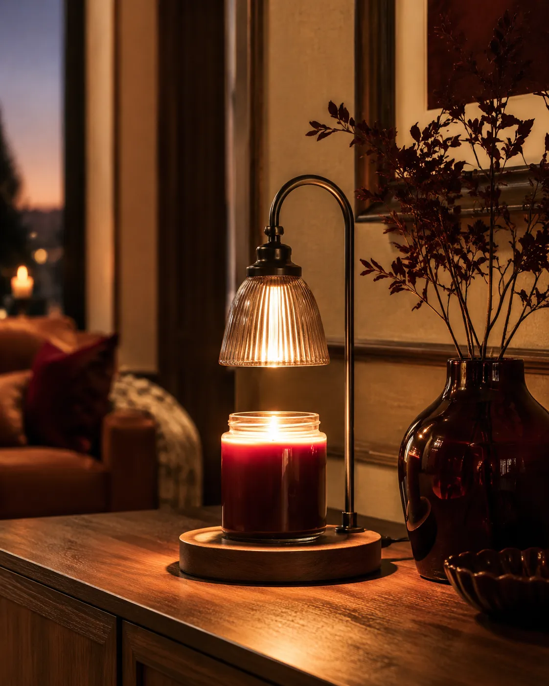 Decor-grade flameless candle warmer lamp glowing on a styled console