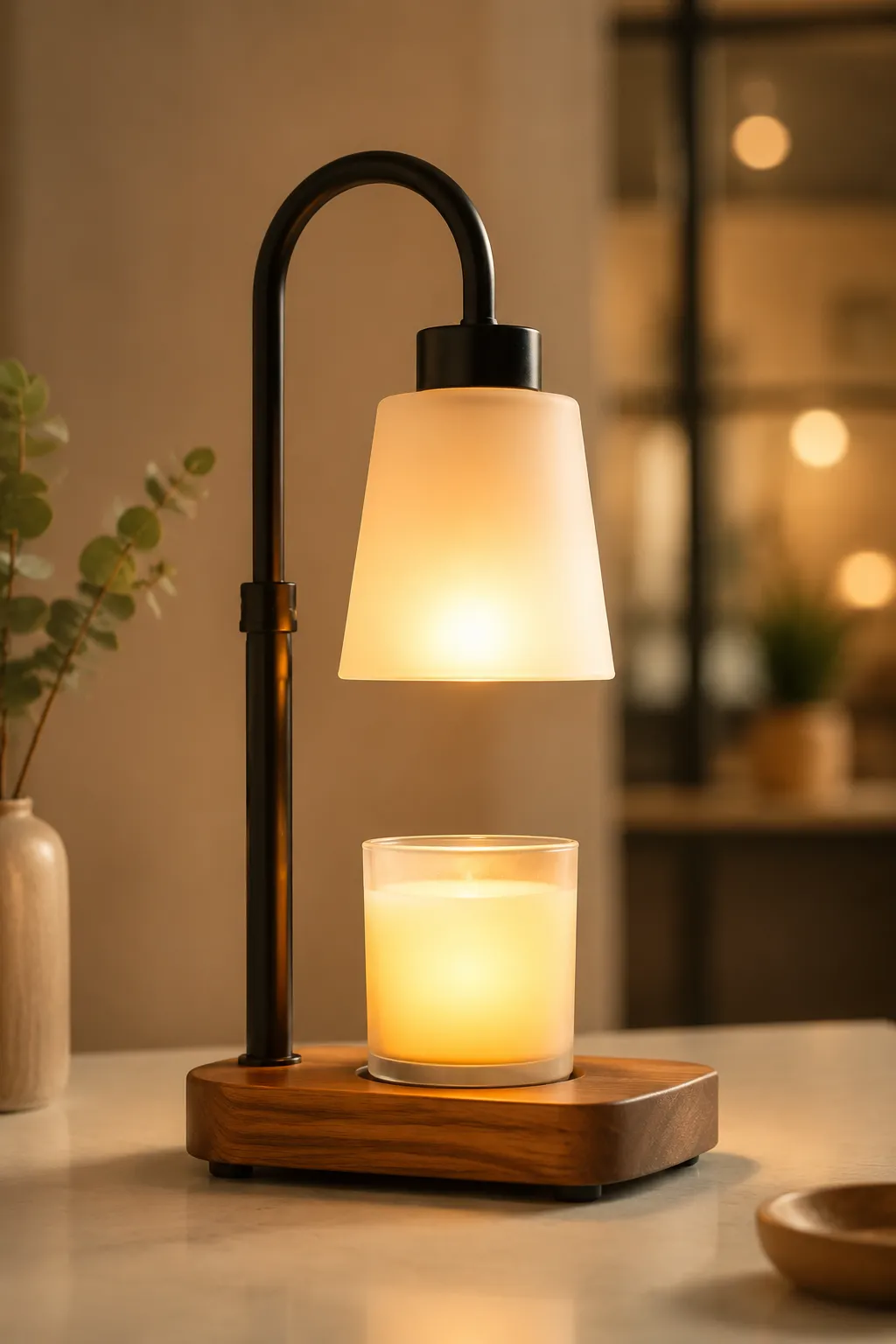 Flameless candle warmer lamp glowing in clean factory-context light