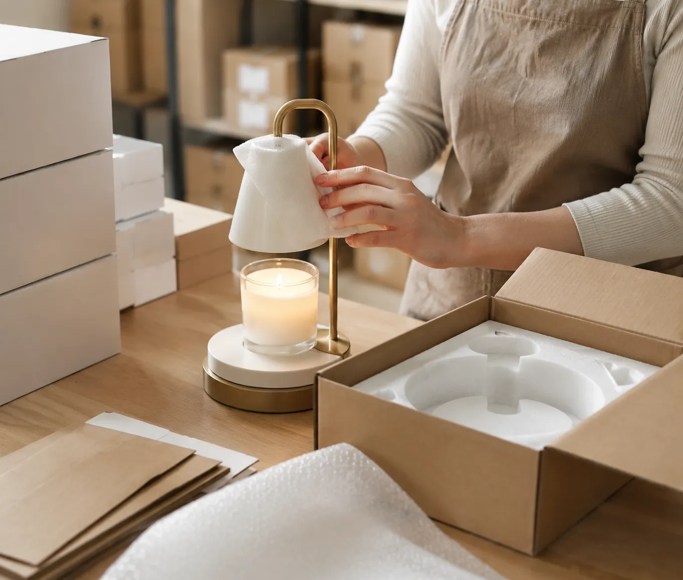 A finished lamp being inspected and placed into retail-ready packaging on the packing bench