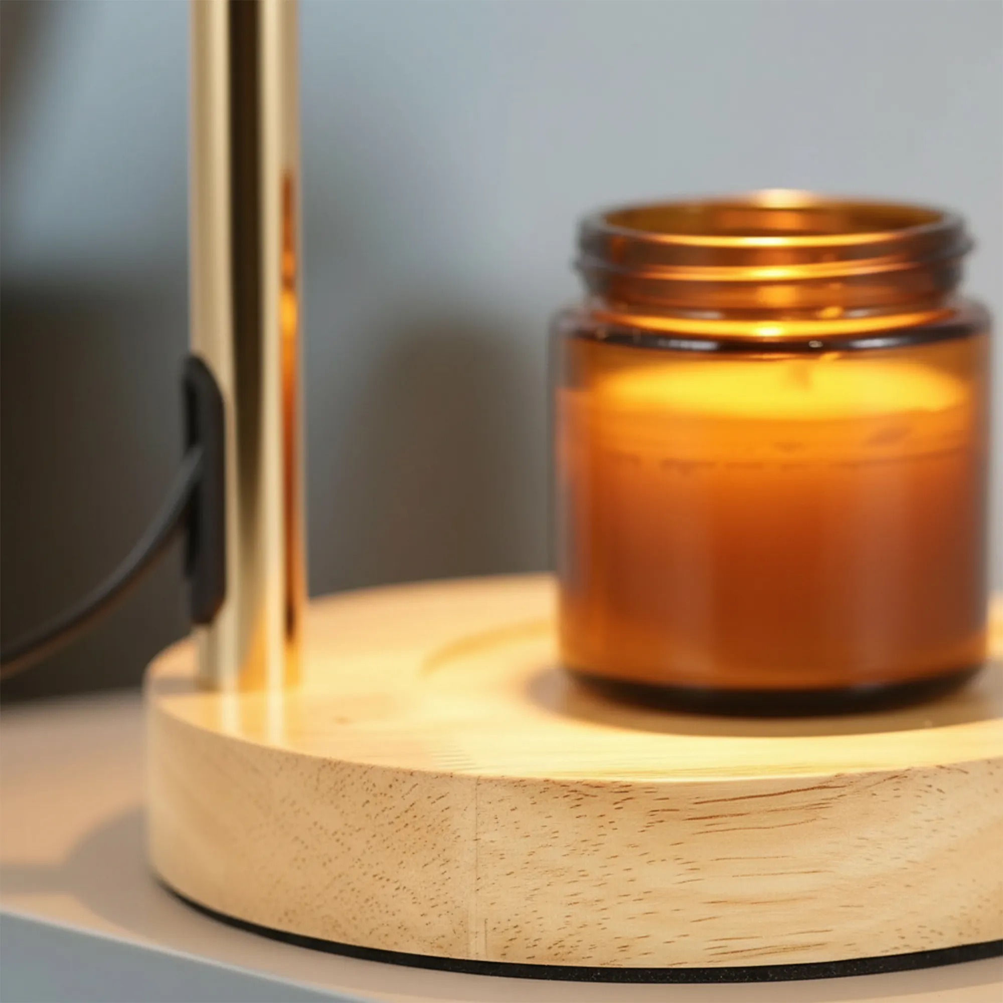 Warm-toned solid-wood base detail