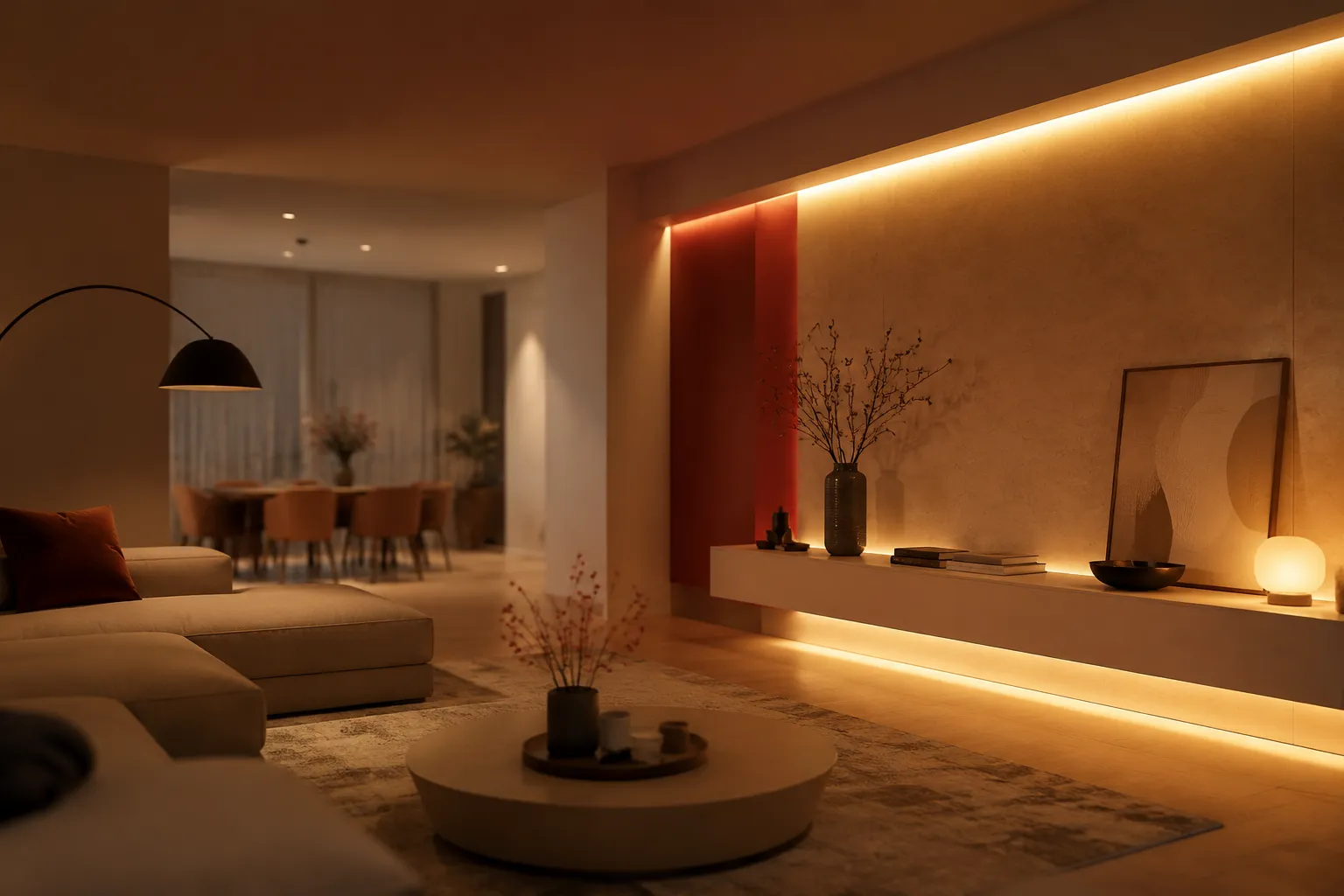 Smart LED light strip glowing behind a shelf display