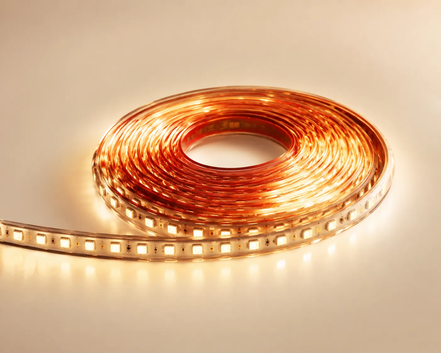 Smart RGB LED light strip glowing behind a shelf display