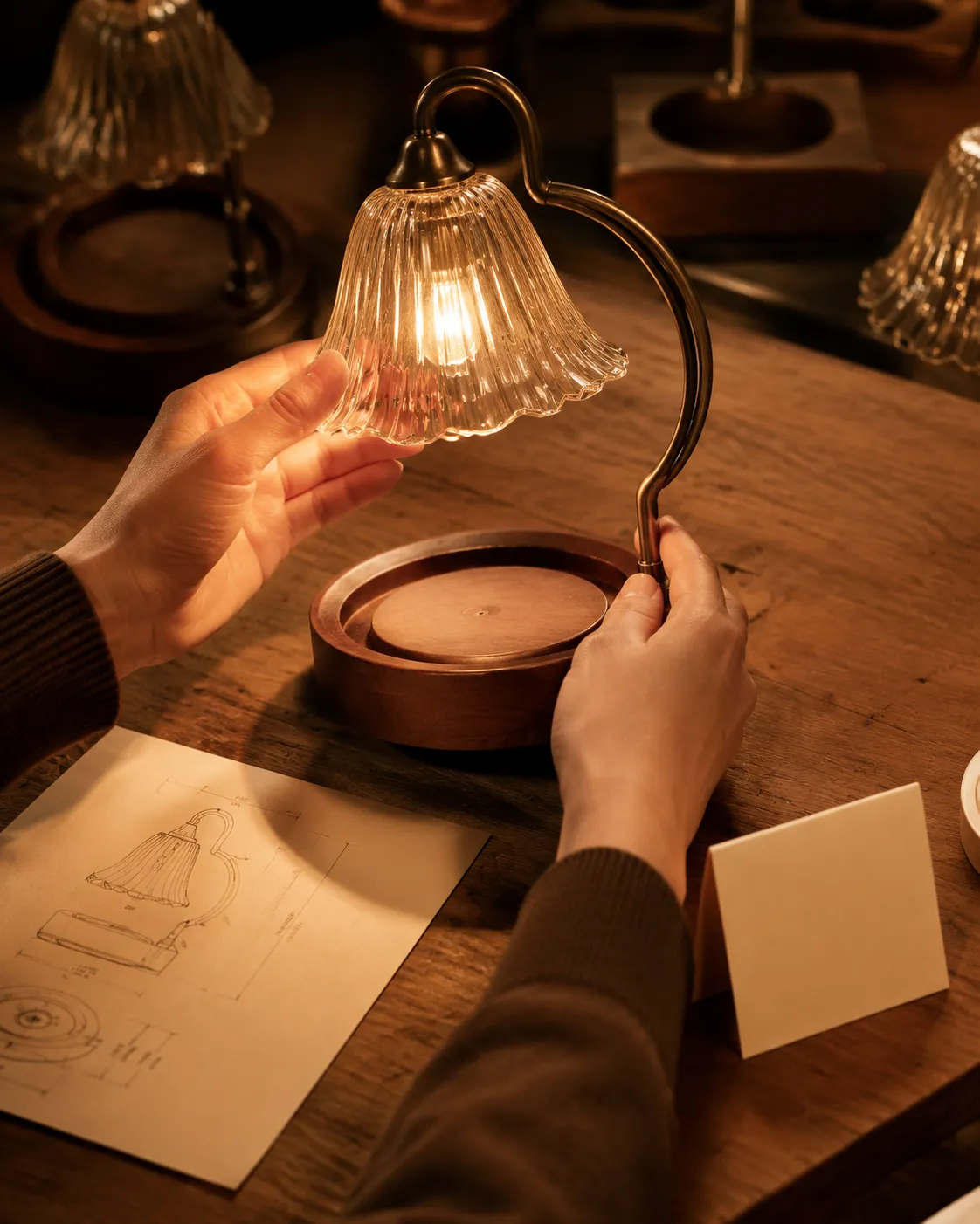 Inspecting a production-line candle warmer sample over a spec sheet