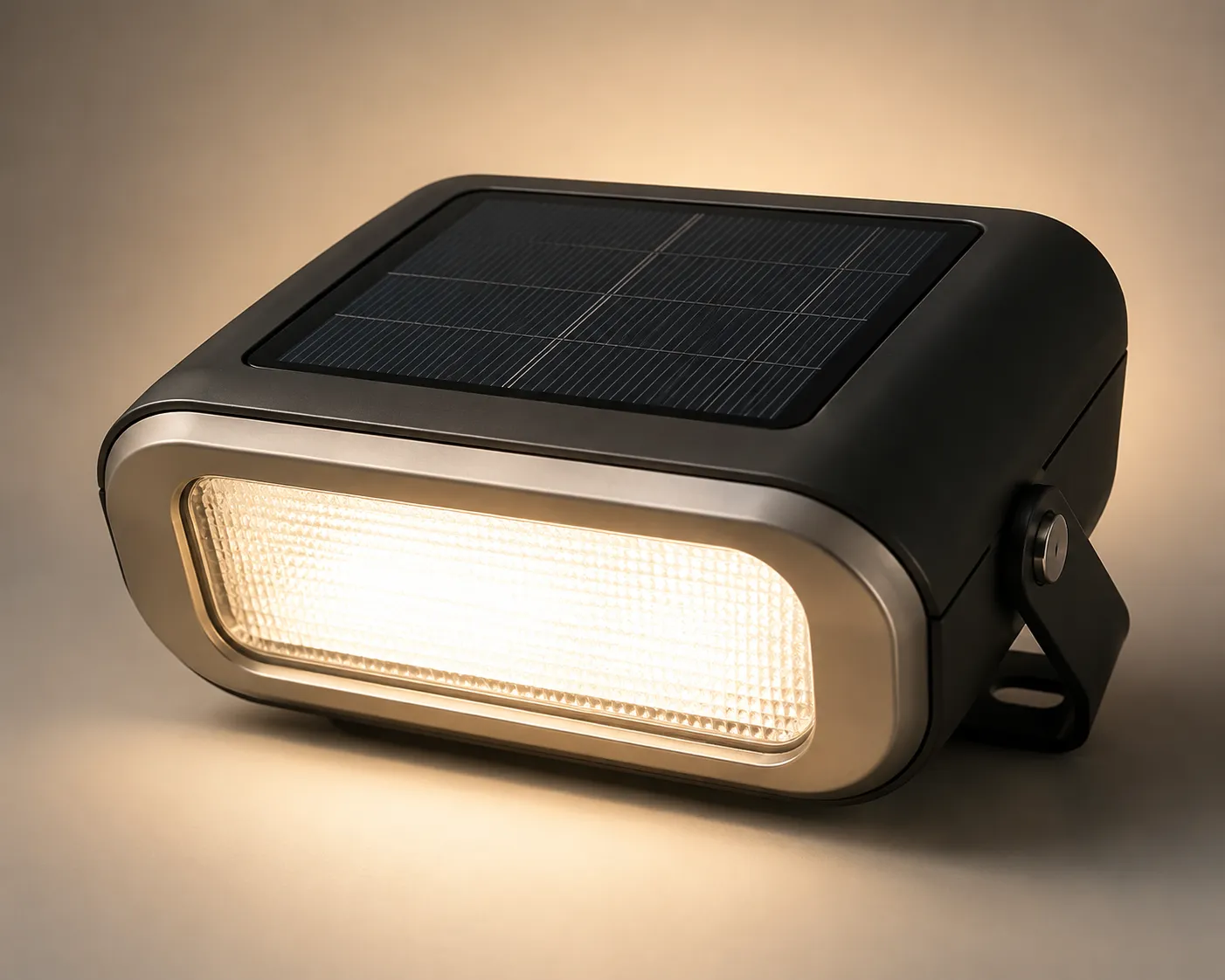 Solar-powered LED floodlight mounted on an outdoor wall at dusk