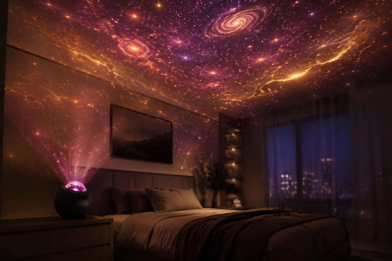 Galaxy and starfield projector casting a night sky on a ceiling