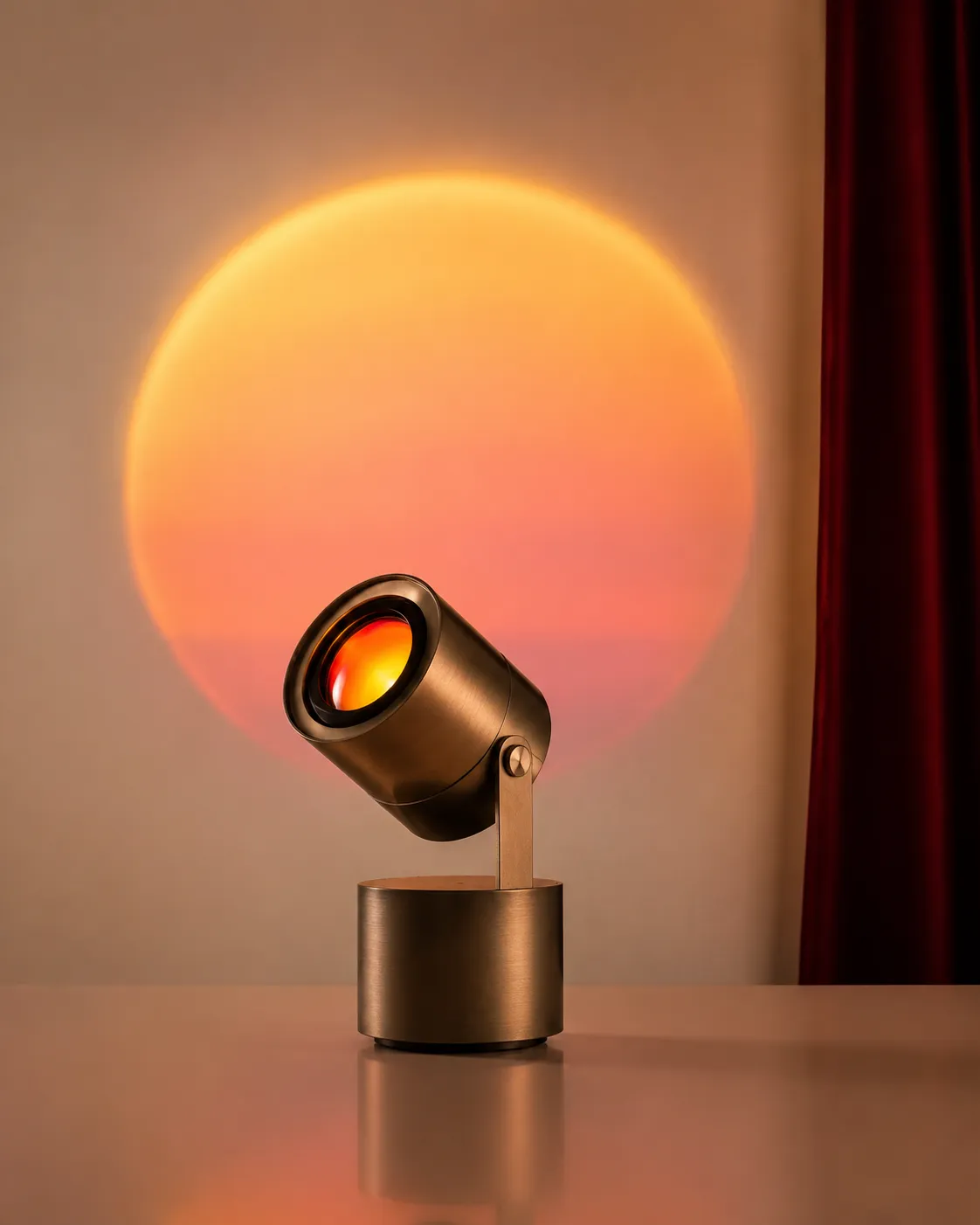 Warm sunset-gradient projection lamp washing a wall in golden light