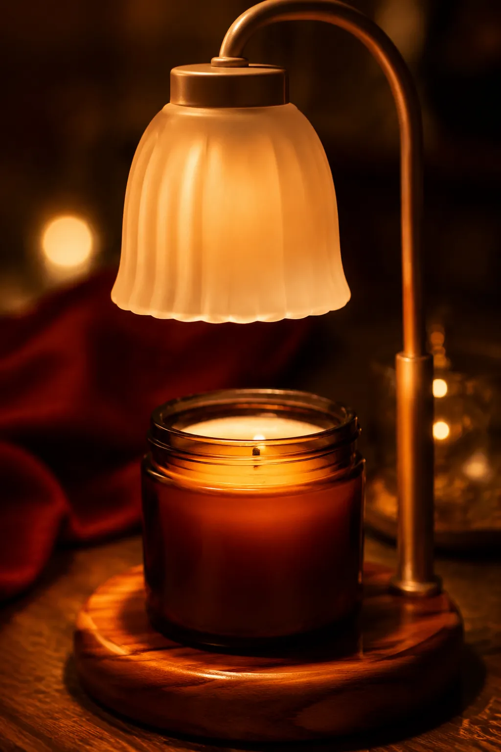 Candle warmer lamp glowing over a melting jar candle