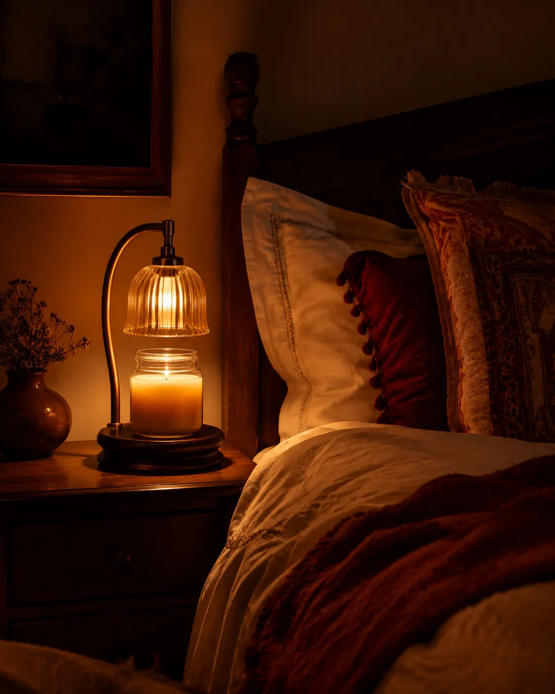 Candle warmer lamp lit on a bedroom nightstand at night