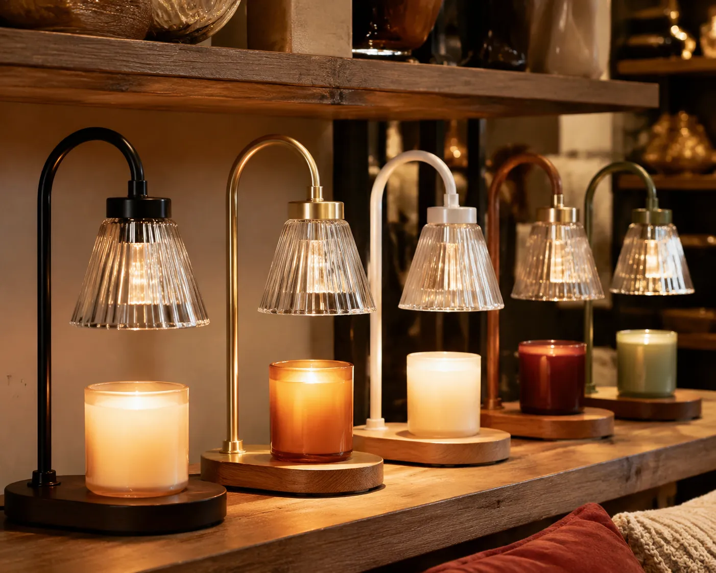 Candle warmer lamps in several finishes on a boutique shelf