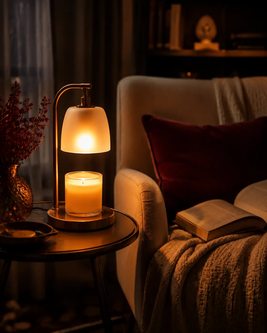 Candle warmer lamp glowing in a cozy reading corner