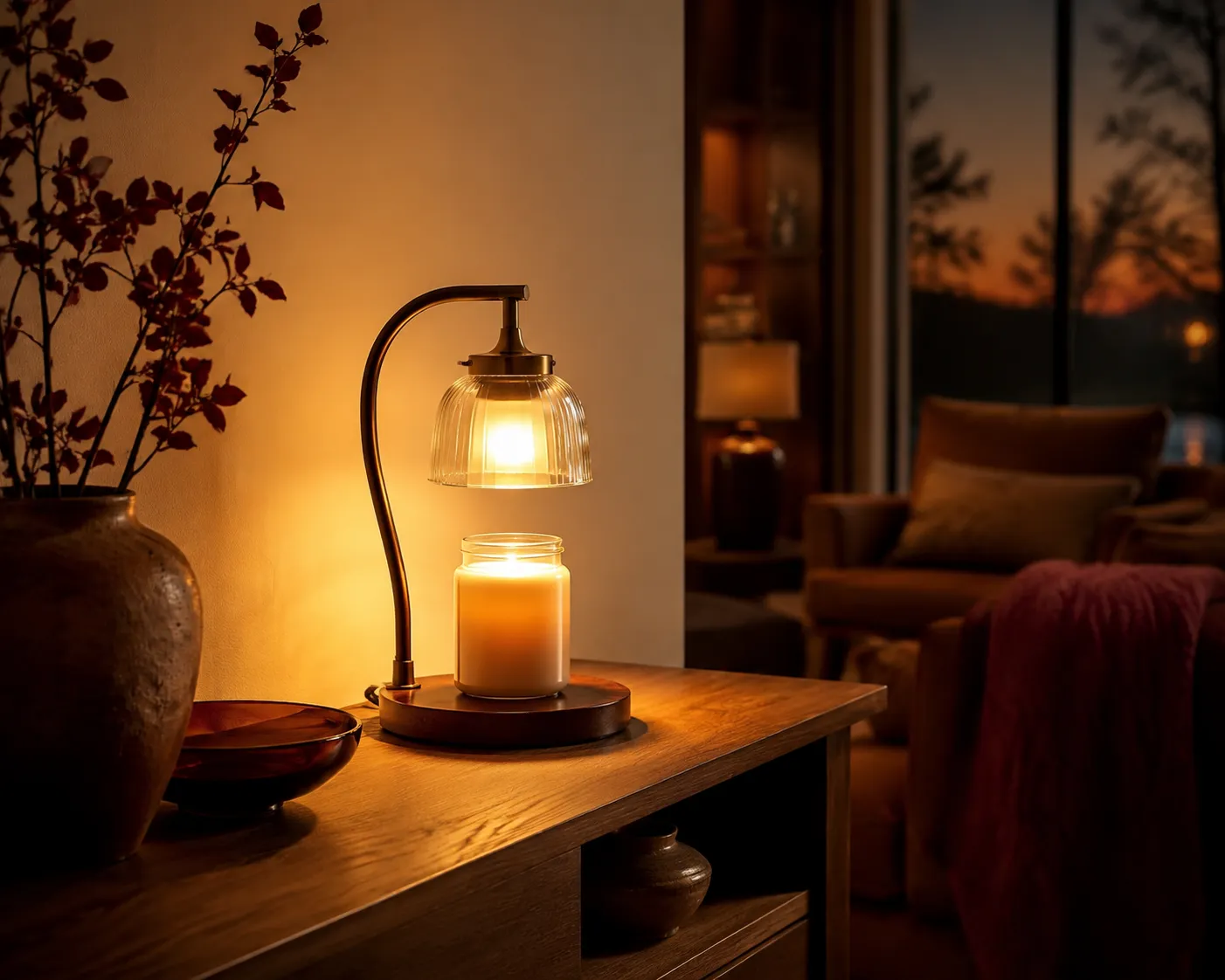 Candle warmer lamp on a living-room console at dusk