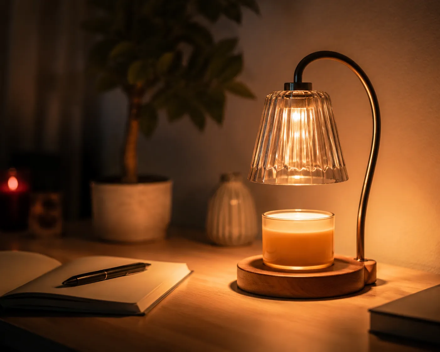 Candle warmer lamp glowing on a desk in a home office at night