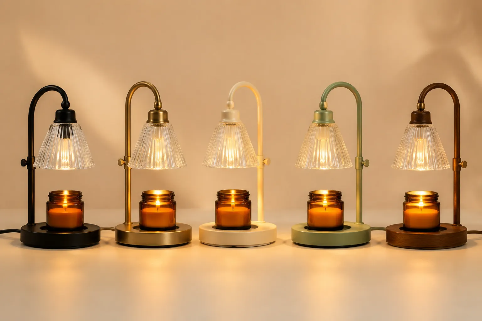 LUMORA candle warmer lamps across retail-proven finishes in glass, powder-coated steel and warm-toned solid wood