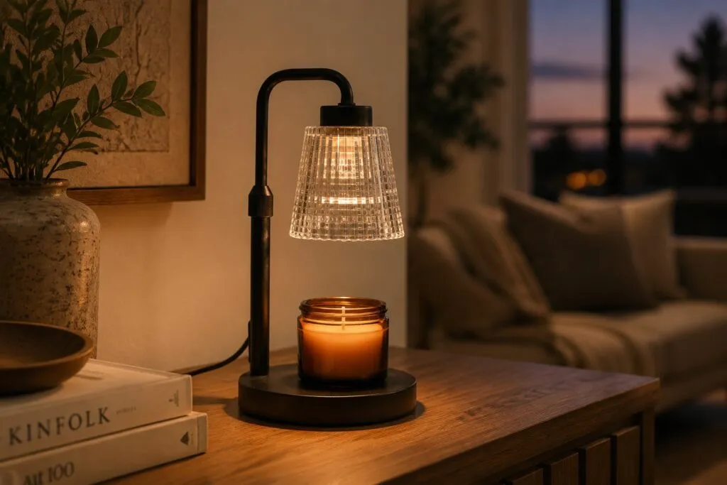 Matte-black candle warmer lamp with a clear glass shade warming a jar candle from above, wick unlit — no open flame