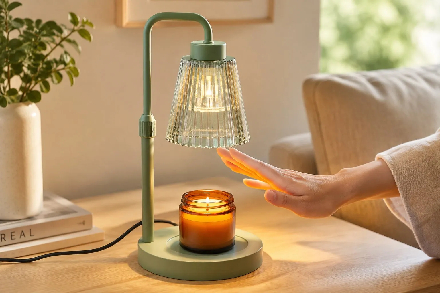 Sage-green candle warmer lamp warming a jar candle from above, a hand resting comfortably beside the warm glass shade to show the low, touch-manageable heat