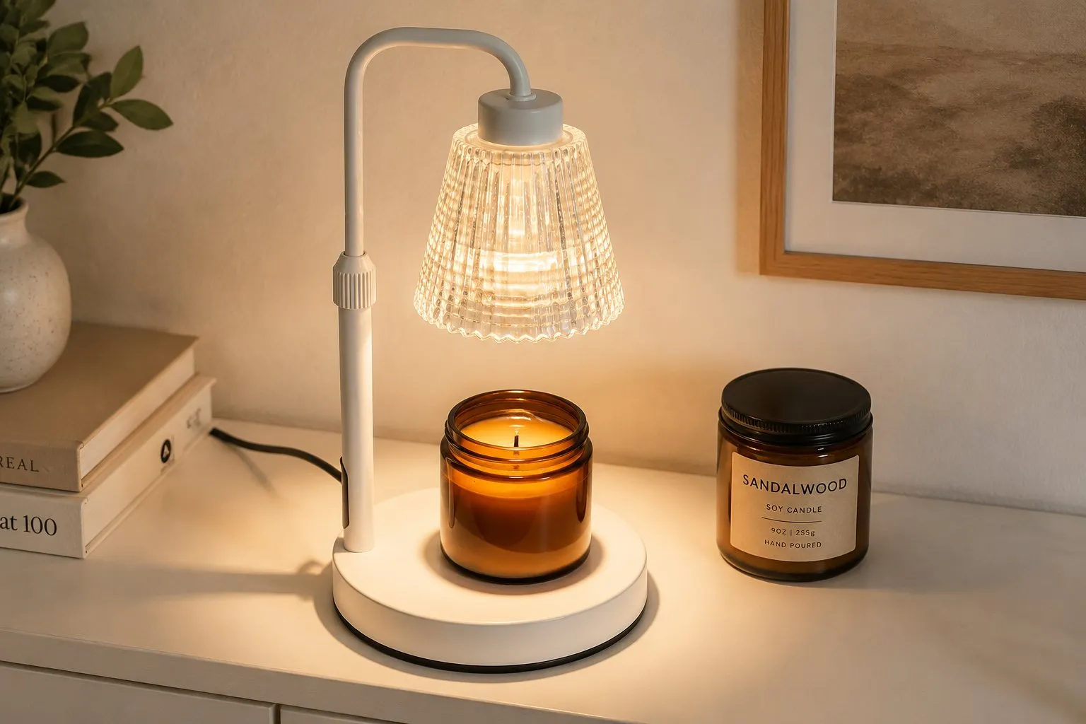 Ivory-white candle warmer lamp over a soy jar candle showing a complete edge-to-edge liquid melt pool with an unlit wick, wax being used to the last drop