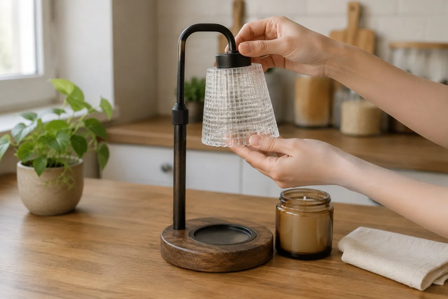 Solid-wood base candle warmer lamp switched off and unplugged, its glass shade lifted away to wipe the cooled warming area with a soft cloth