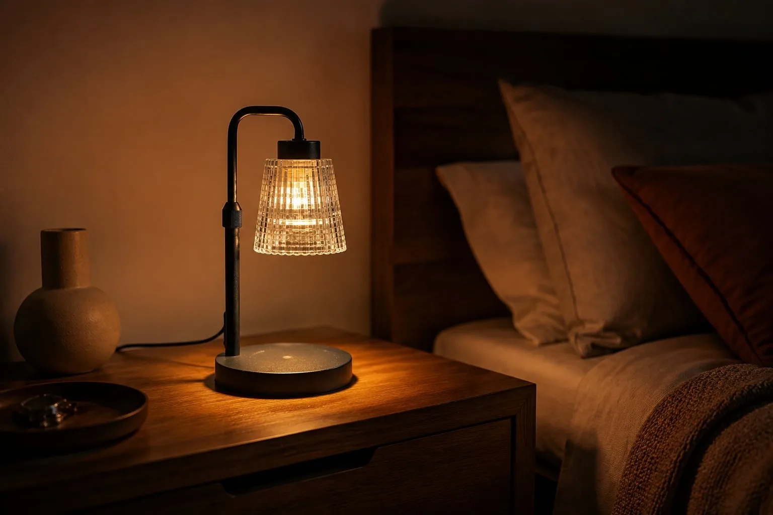 Warm-glow table lamp on a wooden nightstand casting a soft amber pool of light in a dim, cozy bedroom at night