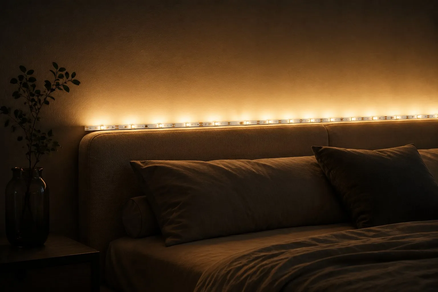 Warm white LED light strip hidden behind an upholstered headboard, casting a soft indirect glow up the bedroom wall at night