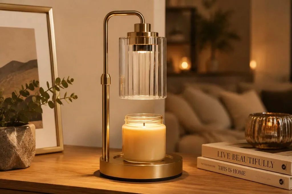 Champagne-gold candle warmer lamp with a tall glass shade warming a cream jar candle, wick unlit
