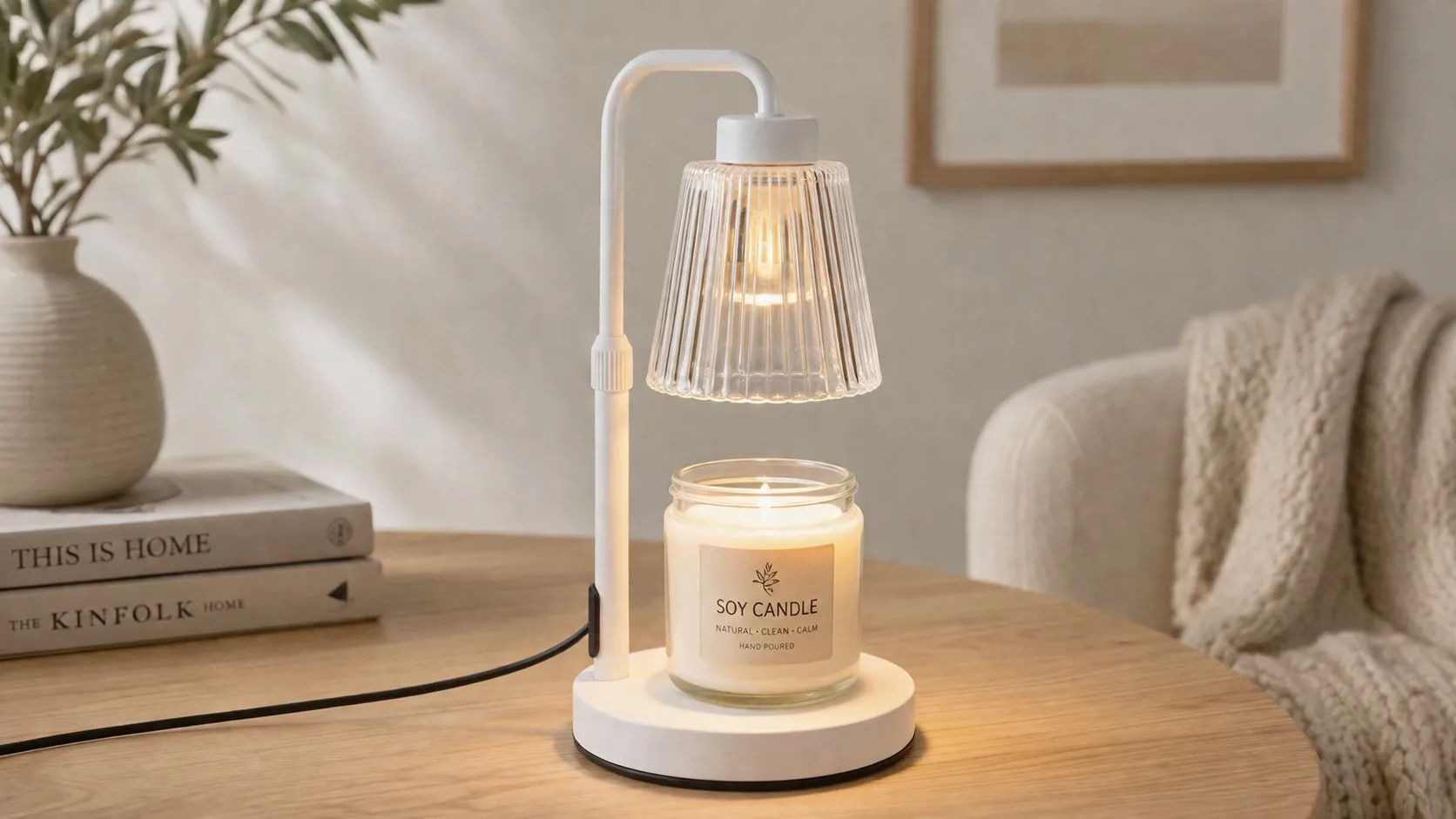 Ivory-white candle warmer lamp warming a soft-white soy jar candle showing an even liquid melt pool, no flame