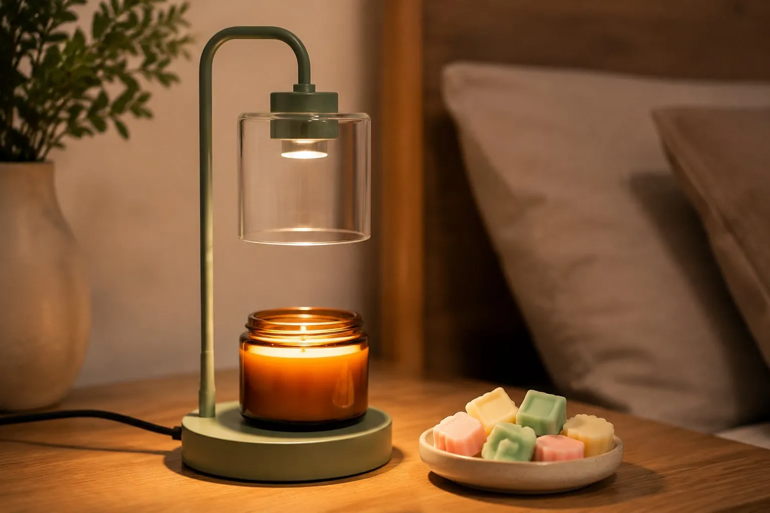 Sage-green candle warmer lamp beside a small dish of pastel soy wax melt cubes ready to swap in, no flame