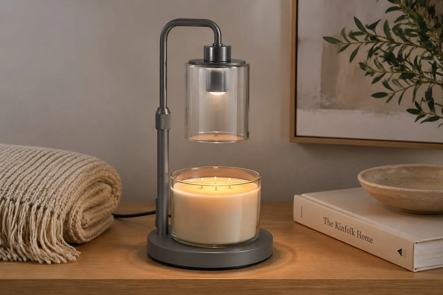 Stone-gray candle warmer lamp warming a large three-wick soy jar candle with an even melt pool, styled on a modern shelf, no flame