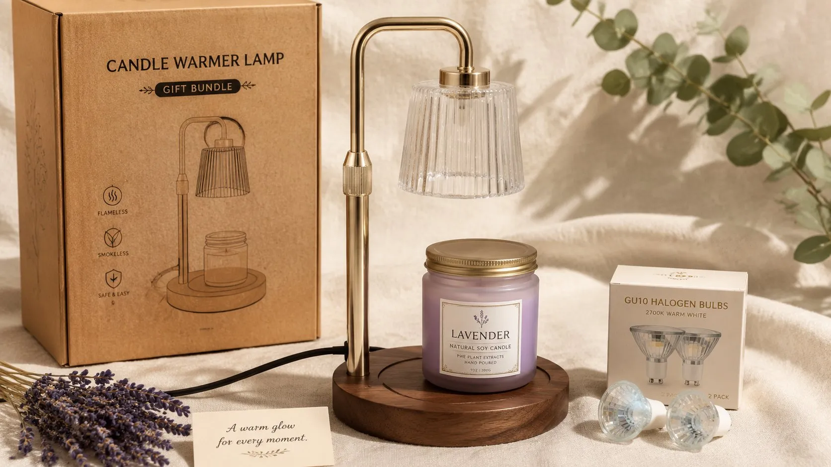 Raw-walnut solid-wood-base candle warmer lamp styled as a retail gift bundle with a lavender soy candle and a boxed set of spare GU10 bulbs, no flame