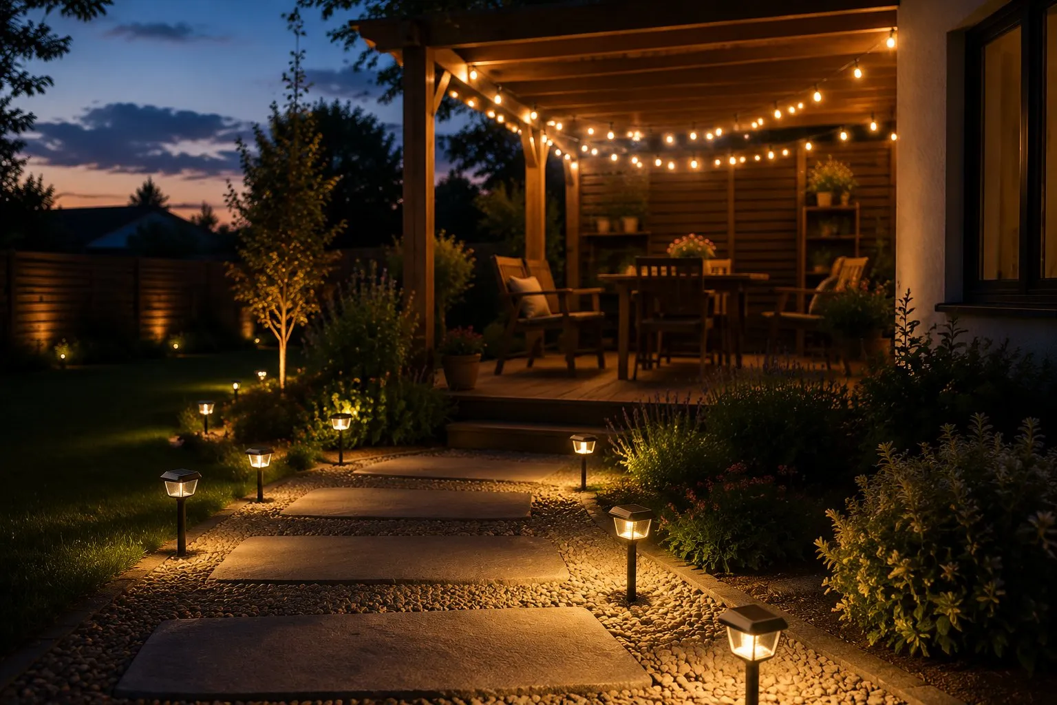 Solar path lights and string lights glowing warm along a garden walkway and patio at dusk in a residential back yard