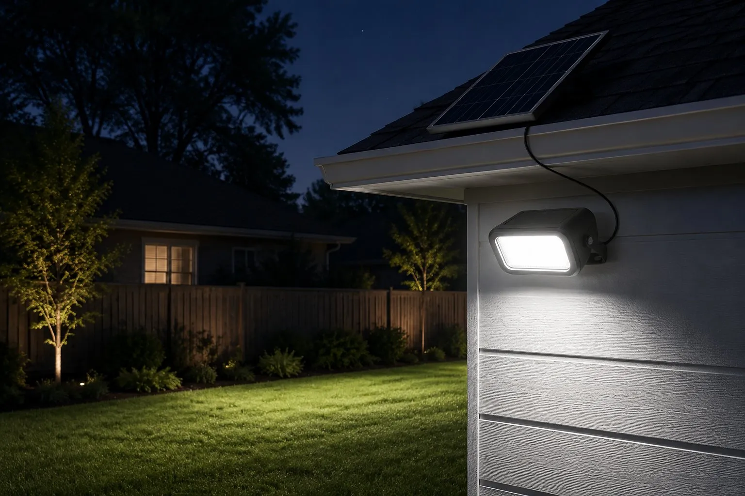 Separate-panel solar flood light mounted under an eave illuminating a back yard at night, with the solar panel angled on the roof above