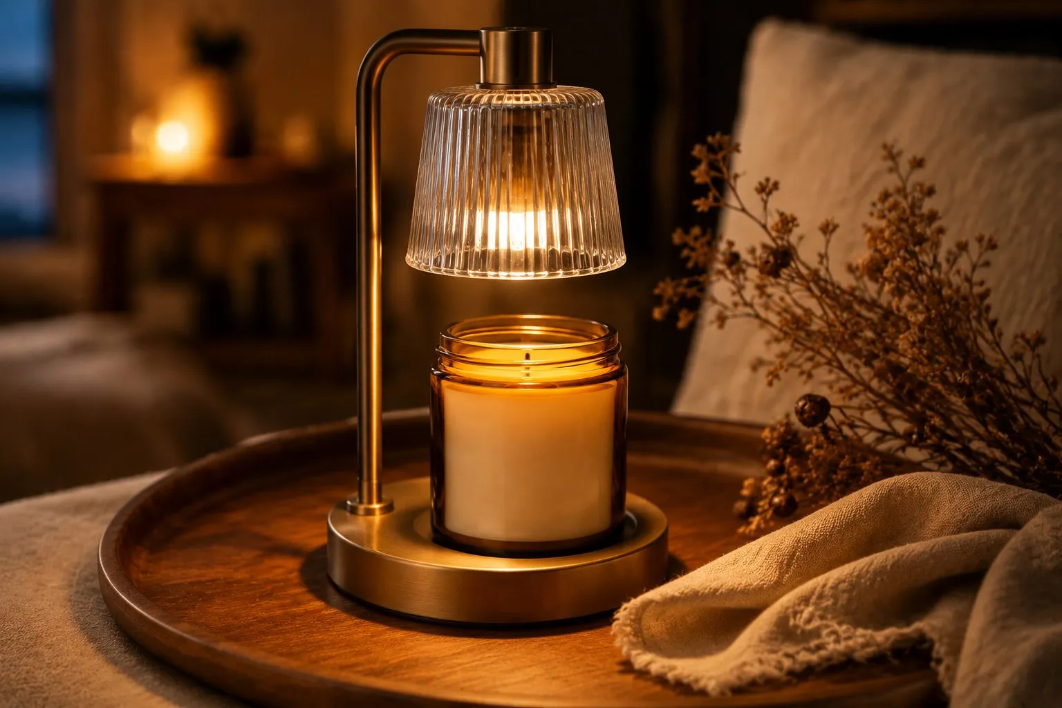 A jar soy candle sitting under a lit candle warmer lamp on a styled tray with dried flowers, warm ambient light in a cozy gift display corner
