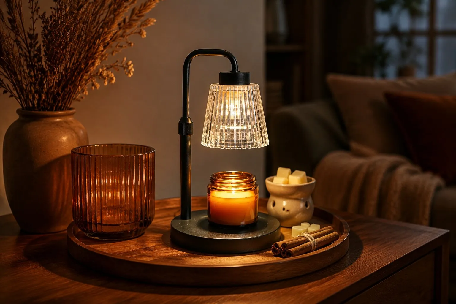 A styled boutique gift vignette with a candle warmer lamp, wax melts and jar candles arranged on a tray as a giftable retail set, warm ambient lighting