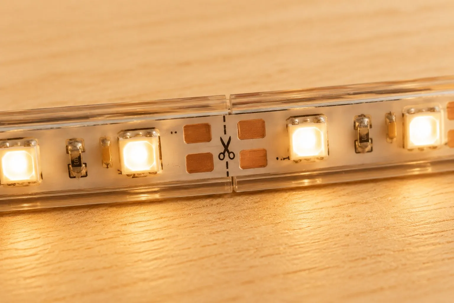 Macro view of a warm-white LED strip showing two copper solder pads and a printed scissor icon marking a safe cut point between LED groups