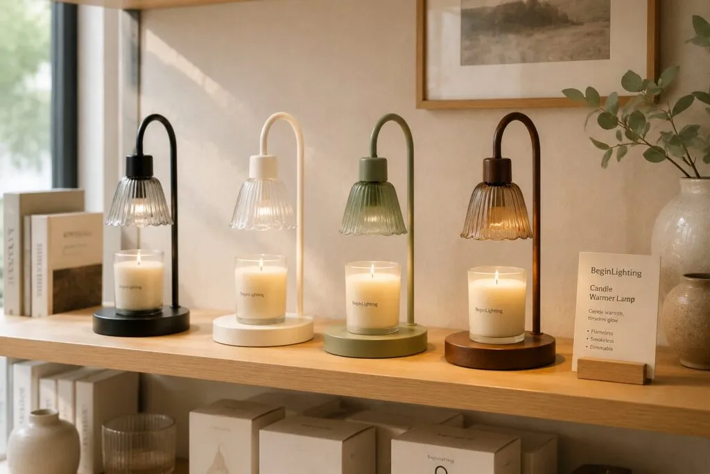 Retail-shelf lineup of BeginLighting glass-shade candle warmer lamps in black, ivory white, sage green and solid-wood finishes