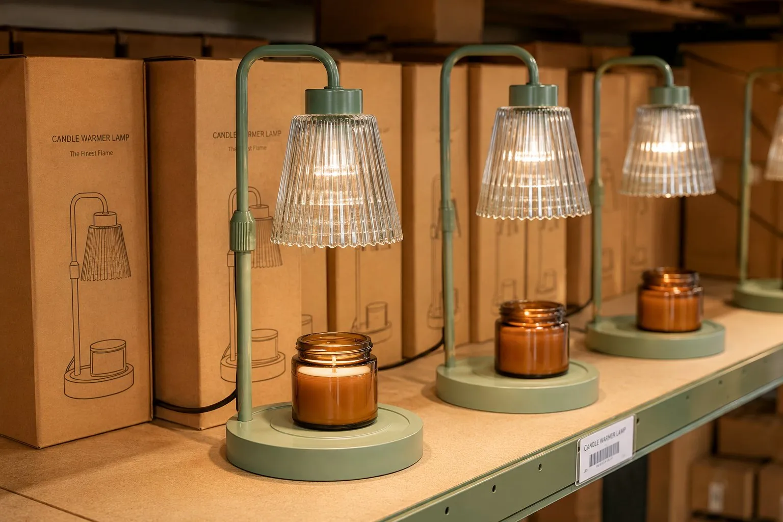 A sage-green steel-base glass candle warmer lamp on a stocked retail shelf among identical units, showing wholesale as buying an existing catalog color