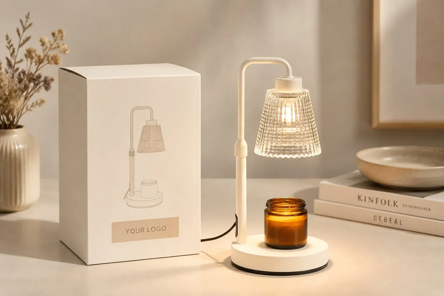 An ivory-white candle warmer lamp beside a blank branded gift box with an unbranded nameplate ready for a buyer's own logo, showing private label
