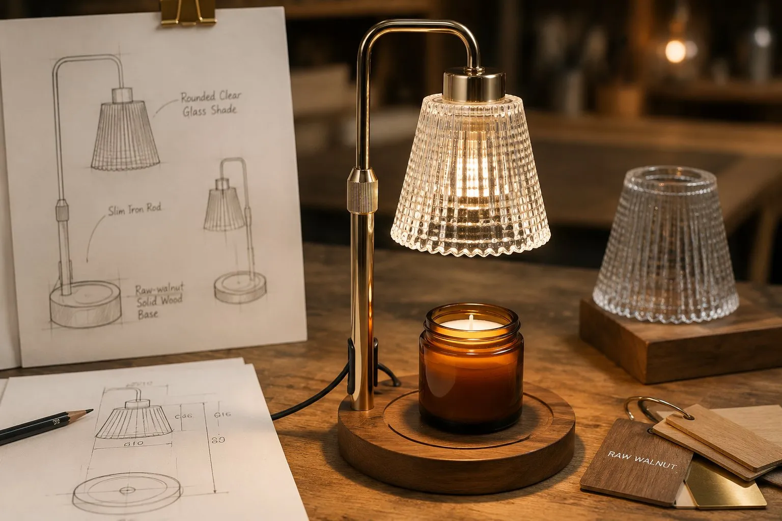 A raw-walnut solid-wood base candle warmer lamp on a product-development bench beside design sketches and a shade sample, showing bespoke OEM tooling