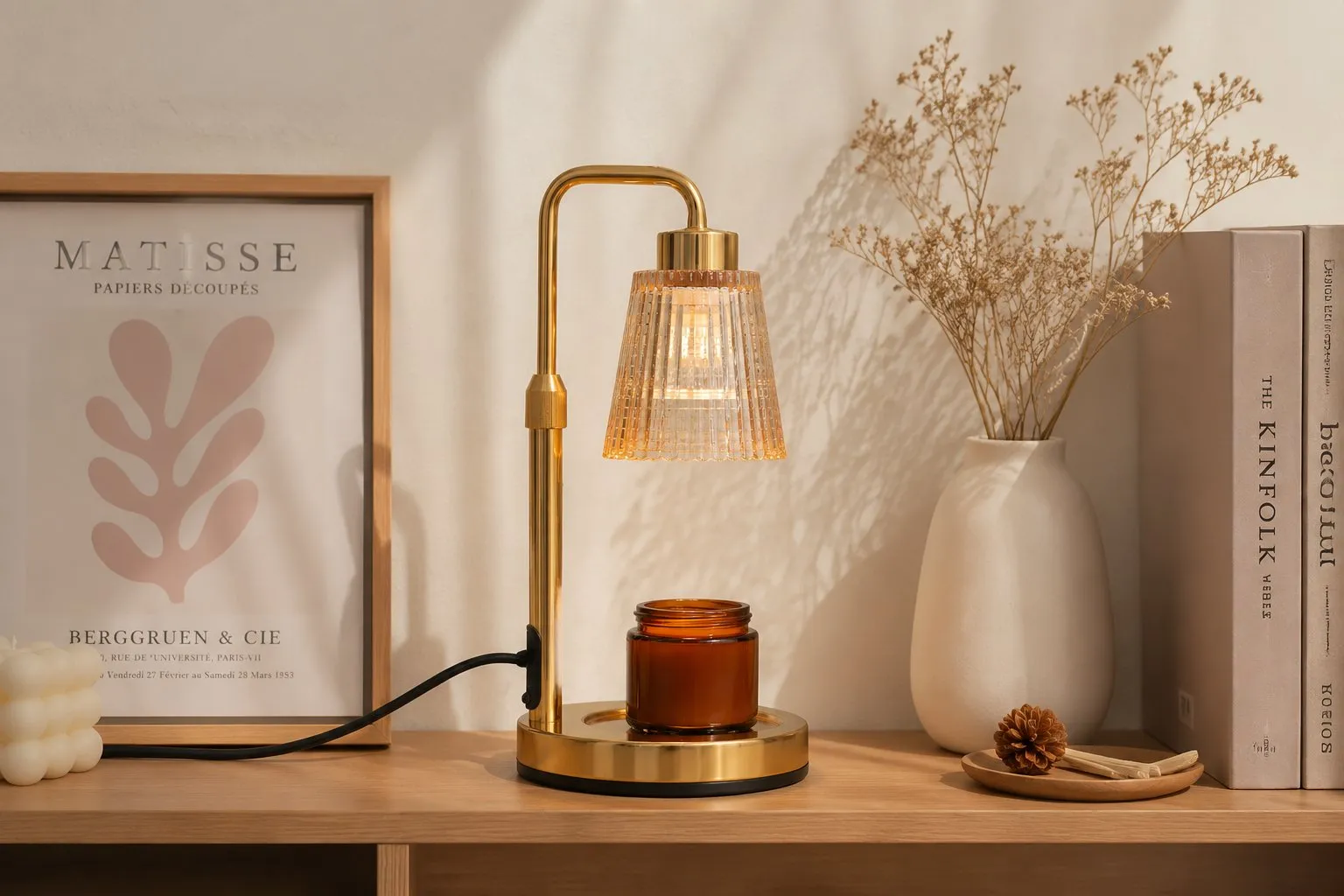A champagne-gold candle warmer lamp styled on a small boutique shelf, illustrating how a single-store buyer starts with a stock wholesale color