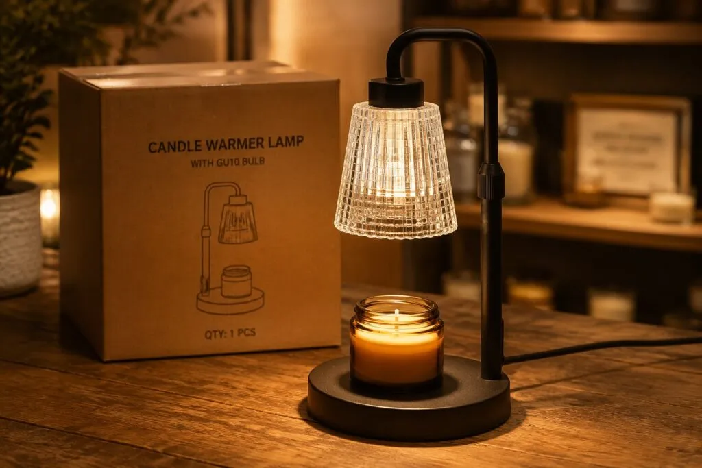 Matte-black side-arm candle warmer lamp with a metal shade angled over a jar candle in a warm lifestyle scene
