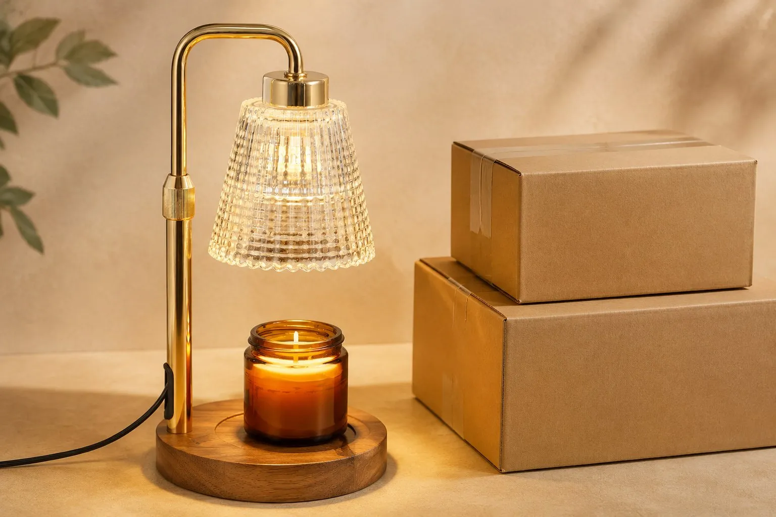 Solid-wood walnut base candle warmer lamp, a 16-unit-per-carton family with a 17.75 kg gross-weight master carton