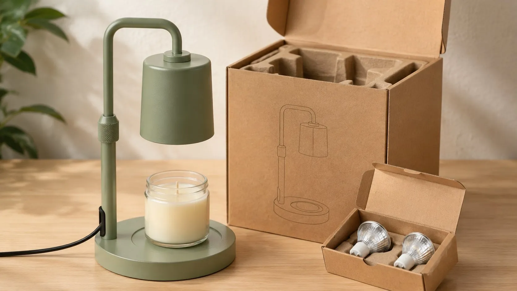 Sage-green candle warmer lamp in a retail gift-box set paired with a soy candle and spare GU10 bulbs, sized for shelf and e-commerce sale