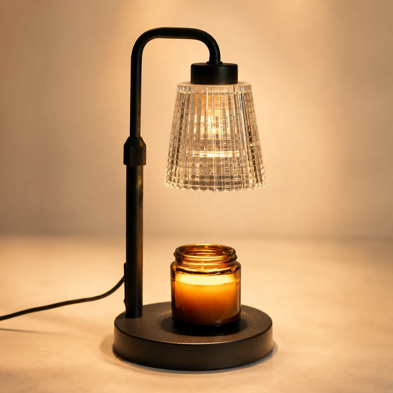 BeginLighting classic arch candle warmer lamp glowing warmly with an amber candle