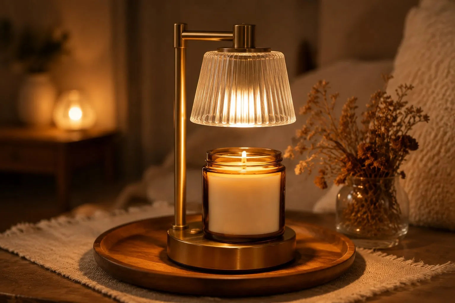 A jar soy candle glowing under a lit warm-glow candle warmer lamp on a wooden bedside tray with dried flowers, low amber light in a calm bedroom corner