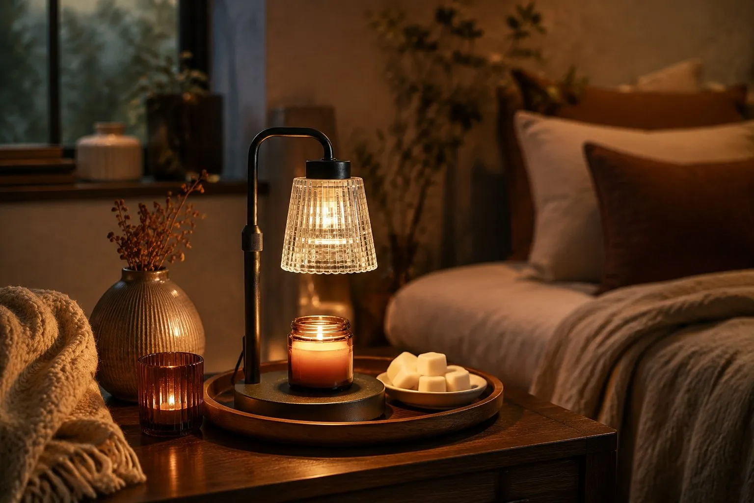 A styled cozy bedroom vignette with a candle warmer lamp, jar candle and warm-glow accessories arranged on a wooden tray as a giftable set, low warm ambient lighting
