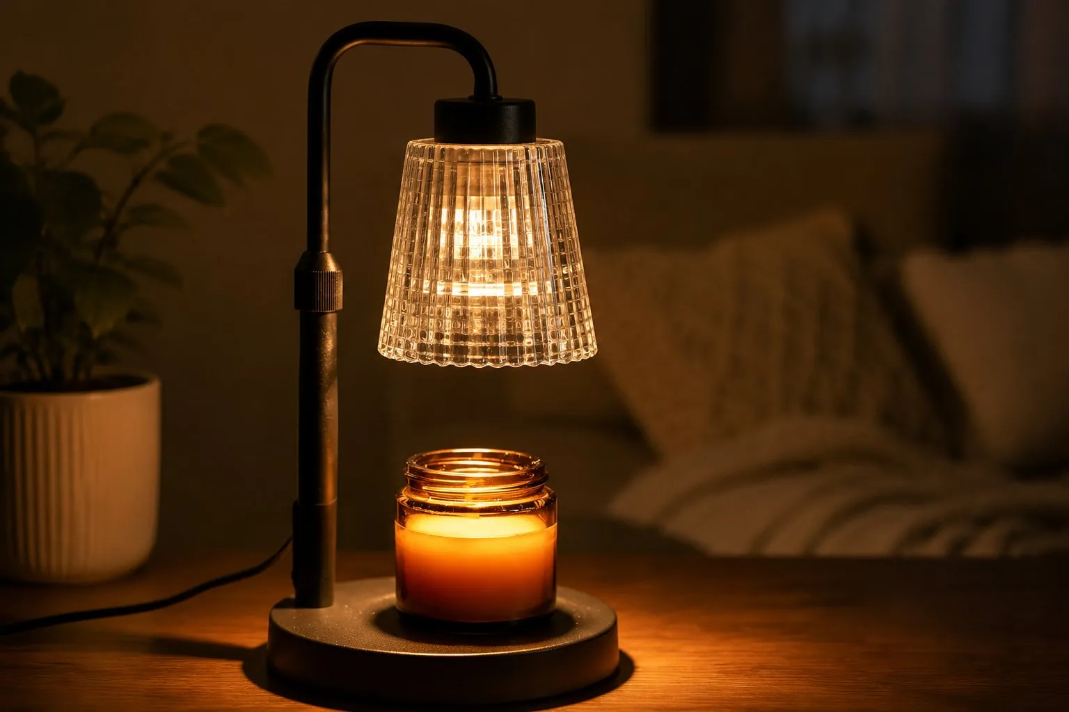 A candle warmer lamp glowing warm over a jar soy candle in a dim room, a flame-free cozy gift that gives off light and scent without a flame