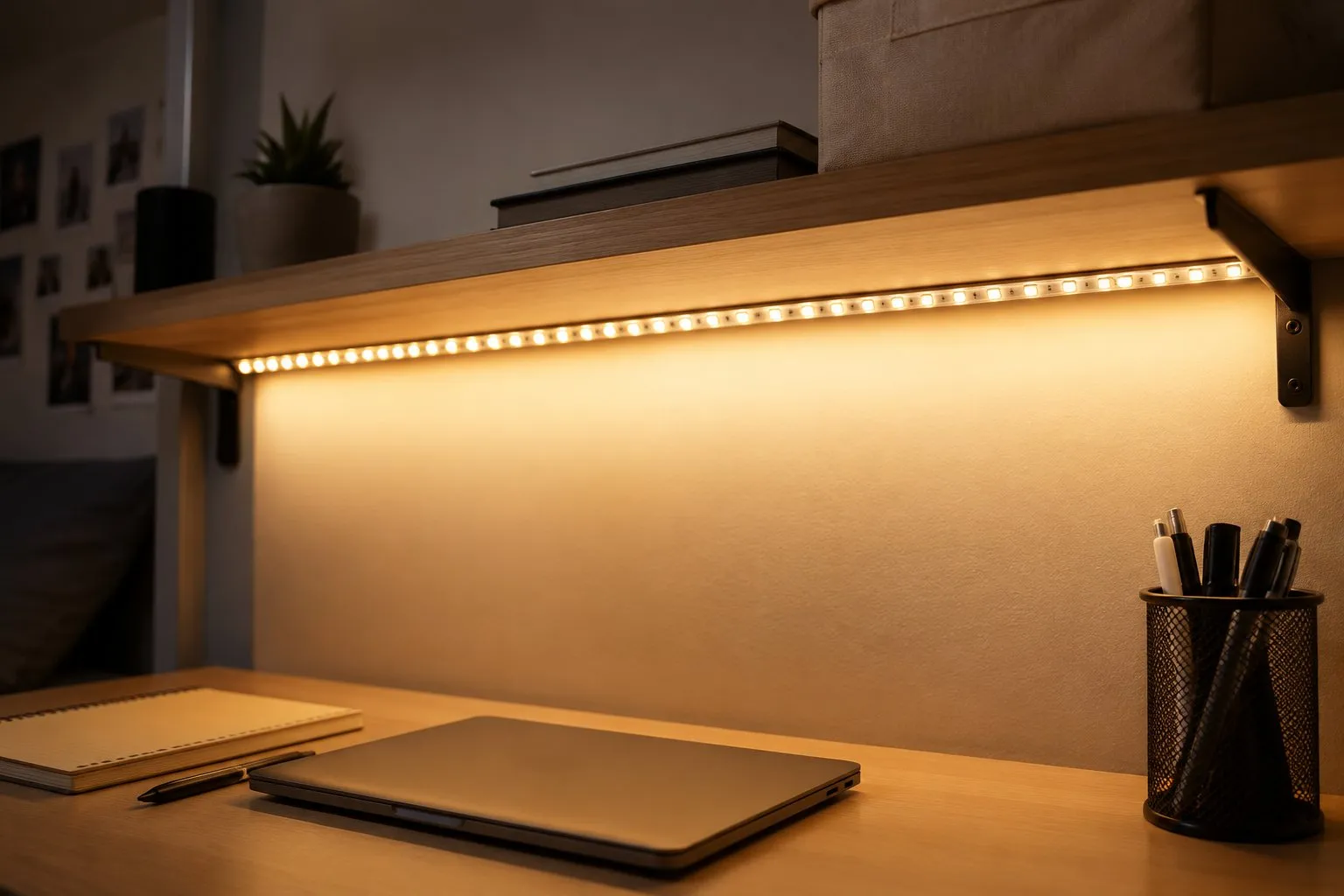 Warm white LED light strip mounted under a dorm room shelf, casting a soft even glow across the desk below