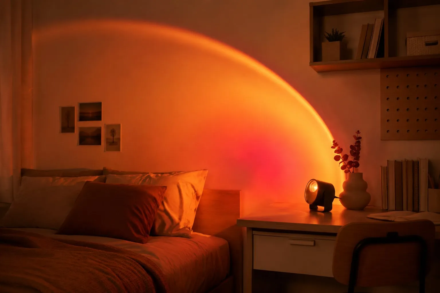Sunset projection lamp casting a warm amber halo across a dorm room wall above a bed at night