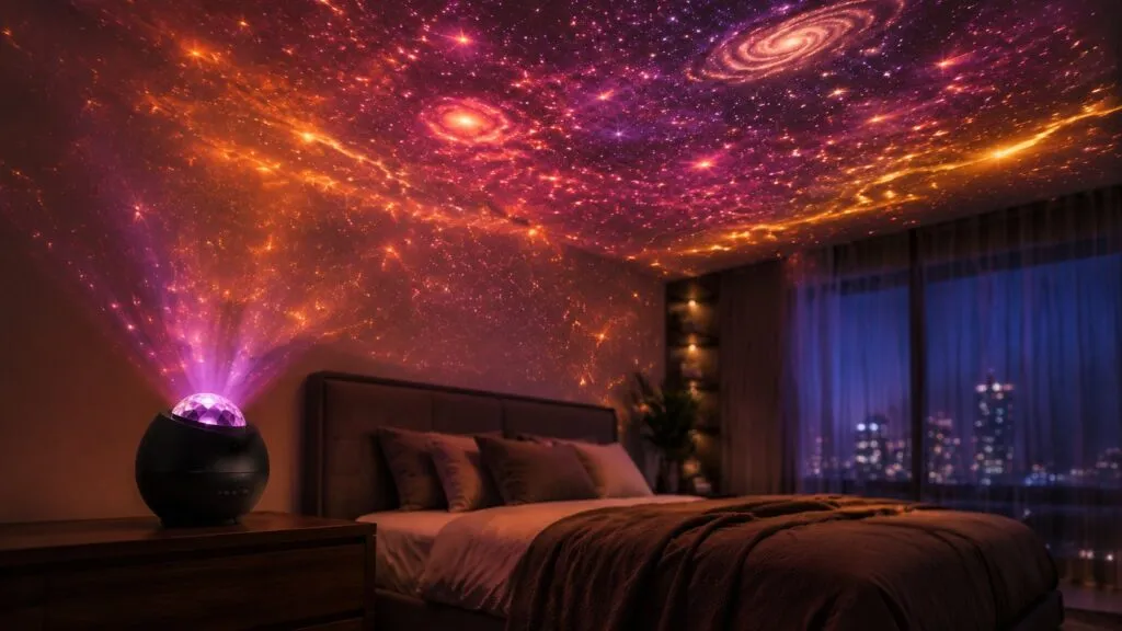 Matte-black spherical galaxy projector on a nightstand casting a magenta and gold nebula across a bedroom ceiling