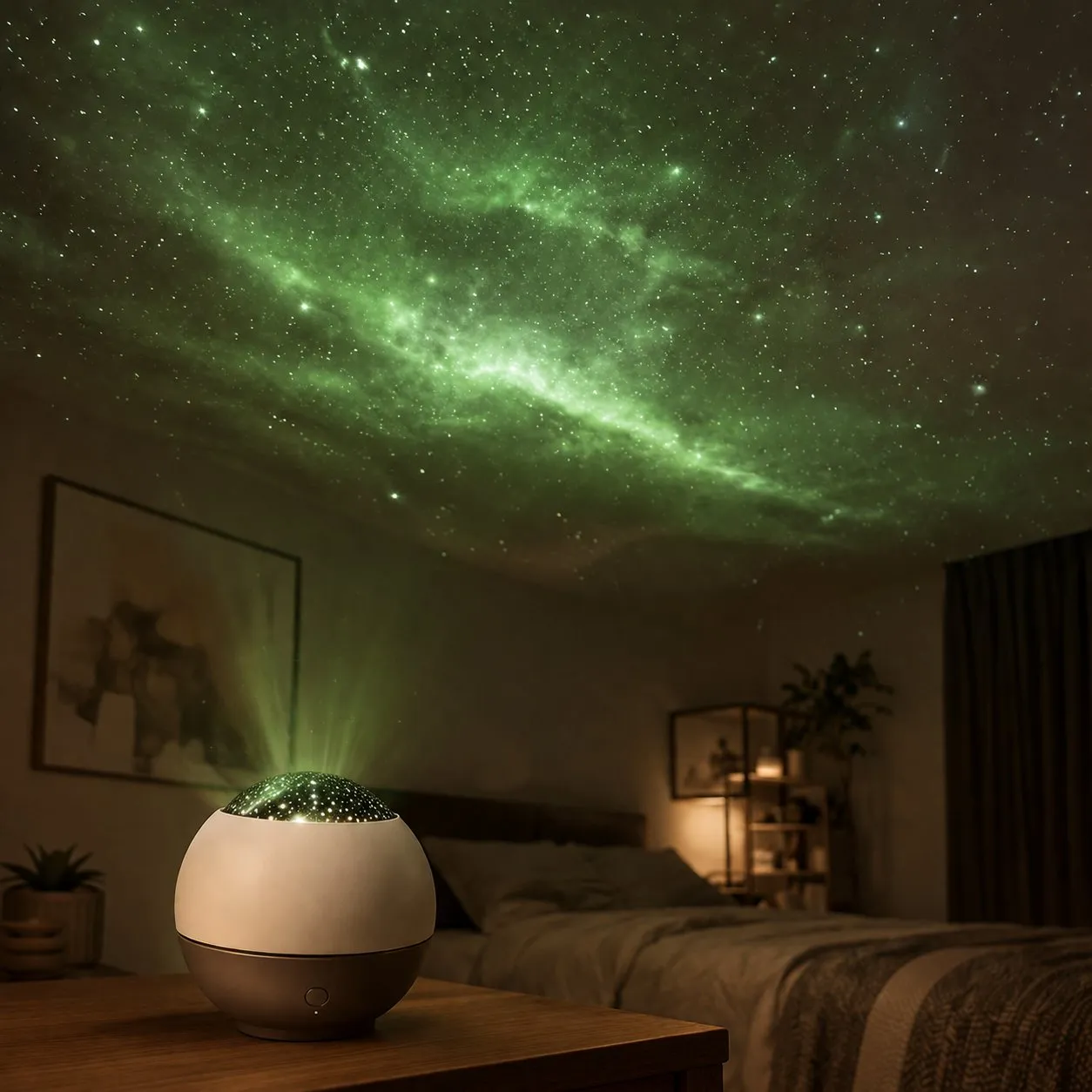 Cream egg-shaped galaxy projector casting a soft green LED nebula cloud across a bedroom ceiling